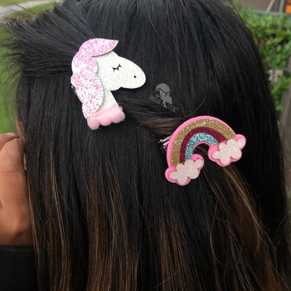 Handmade Pink Unicorn and rainbow Hair Clip Set - Picture 2 of 6
